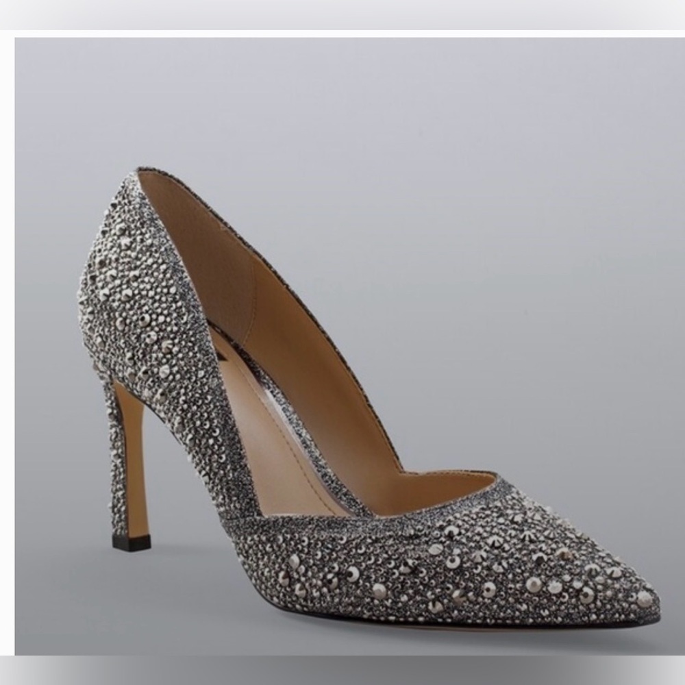 White House Black Market Hematite-Embellished High Heel Silver Jeweled Pumps 8.5